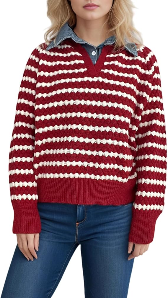 Women’s Red and White Striped Knit Sweater | V-Neck Loose Pullover with Long Sleeves | Casual Autumn Winter Knitwear Top