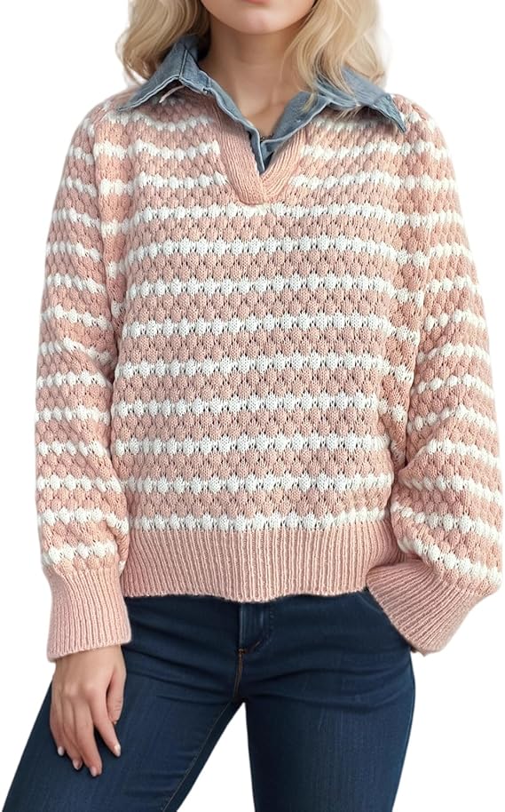 Women’s Striped Knit Sweater — Pink and White Pullover with V-Neck & Long Sleeves, Oversized Casual Warm Jumper for Autumn & Winter