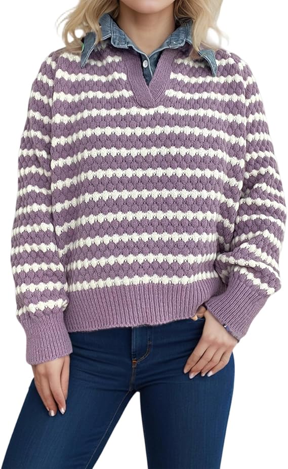 Women’s Purple Striped Knit Sweater | Casual V-Neck Pullover | Long Sleeve Loose Fit Knitwear for Autumn & Winter