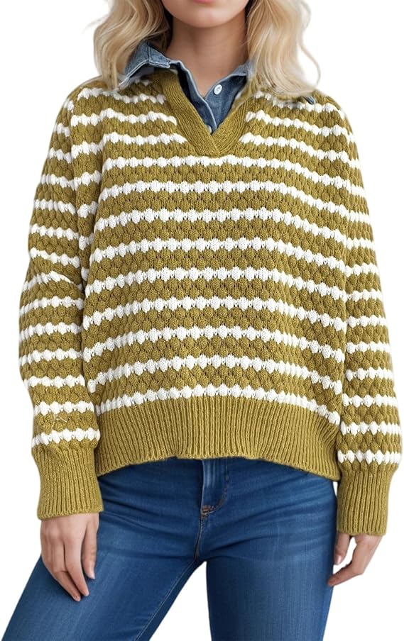 Women’s Yellow Striped Knitted Sweater | V-Neck Loose Pullover | Casual Long Sleeve Autumn Winter Top