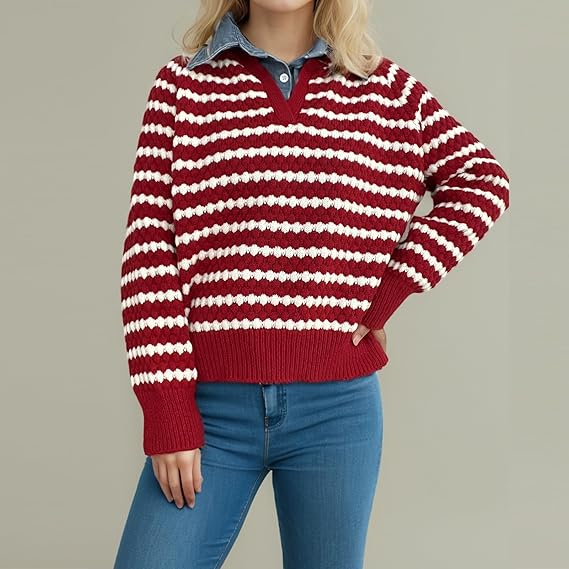 Women’s Red and White Striped Knit Sweater | V-Neck Loose Pullover with Long Sleeves | Casual Autumn Winter Knitwear Top