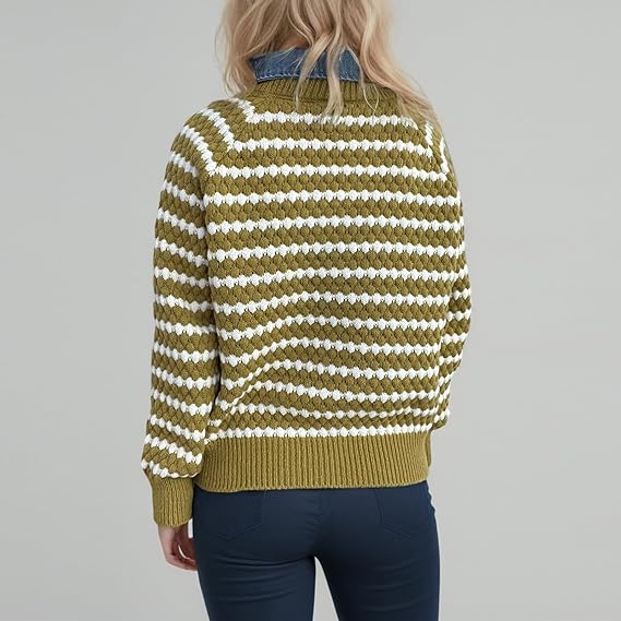 Women’s Yellow Striped Knitted Sweater | V-Neck Loose Pullover | Casual Long Sleeve Autumn Winter Top