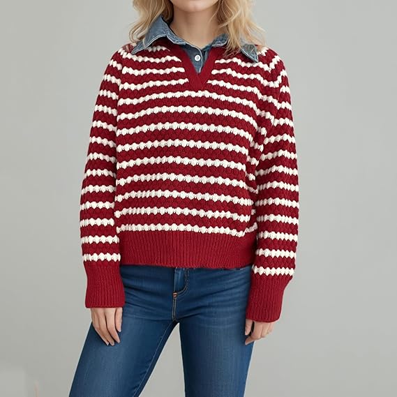 Women’s Red and White Striped Knit Sweater | V-Neck Loose Pullover with Long Sleeves | Casual Autumn Winter Knitwear Top