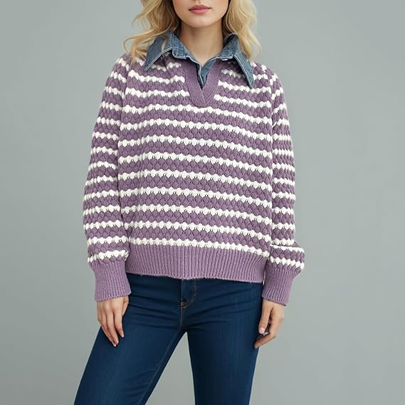 Women’s Purple Striped Knit Sweater | Casual V-Neck Pullover | Long Sleeve Loose Fit Knitwear for Autumn & Winter