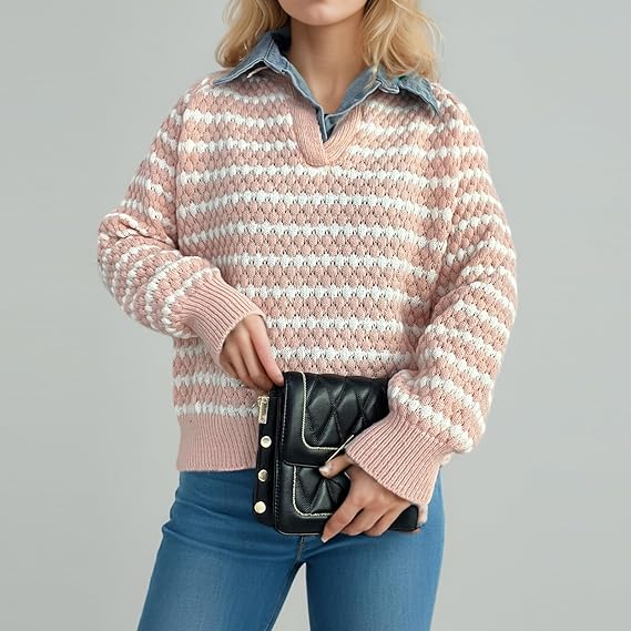 Women’s Striped Knit Sweater — Pink and White Pullover with V-Neck & Long Sleeves, Oversized Casual Warm Jumper for Autumn & Winter