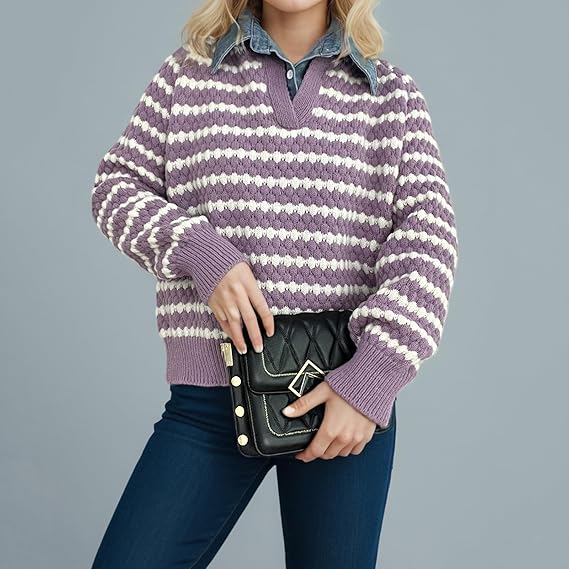 Women’s Purple Striped Knit Sweater | Casual V-Neck Pullover | Long Sleeve Loose Fit Knitwear for Autumn & Winter