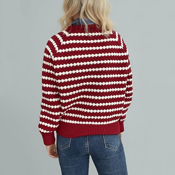 Women’s Red and White Striped Knit Sweater | V-Neck Loose Pullover with Long Sleeves | Casual Autumn Winter Knitwear Top