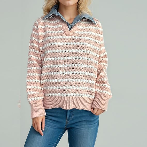 Women’s Striped Knit Sweater — Pink and White Pullover with V-Neck & Long Sleeves, Oversized Casual Warm Jumper for Autumn & Winter