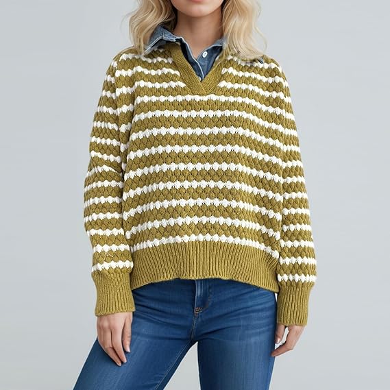 Women’s Yellow Striped Knitted Sweater | V-Neck Loose Pullover | Casual Long Sleeve Autumn Winter Top