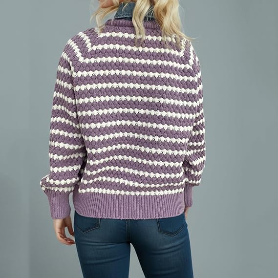 Women’s Purple Striped Knit Sweater | Casual V-Neck Pullover | Long Sleeve Loose Fit Knitwear for Autumn & Winter
