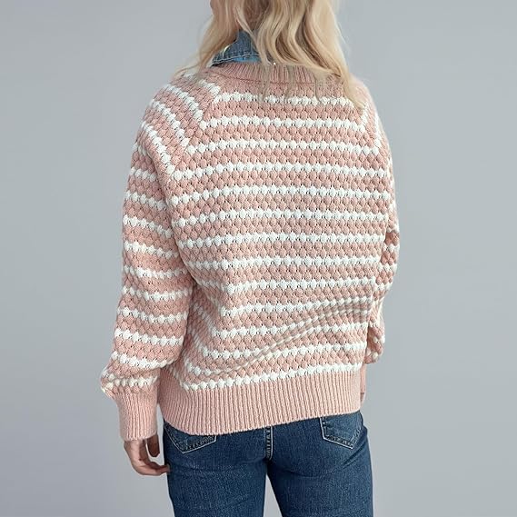 Women’s Striped Knit Sweater — Pink and White Pullover with V-Neck & Long Sleeves, Oversized Casual Warm Jumper for Autumn & Winter