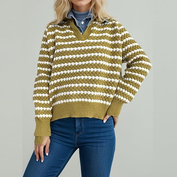 Women’s Yellow Striped Knitted Sweater | V-Neck Loose Pullover | Casual Long Sleeve Autumn Winter Top